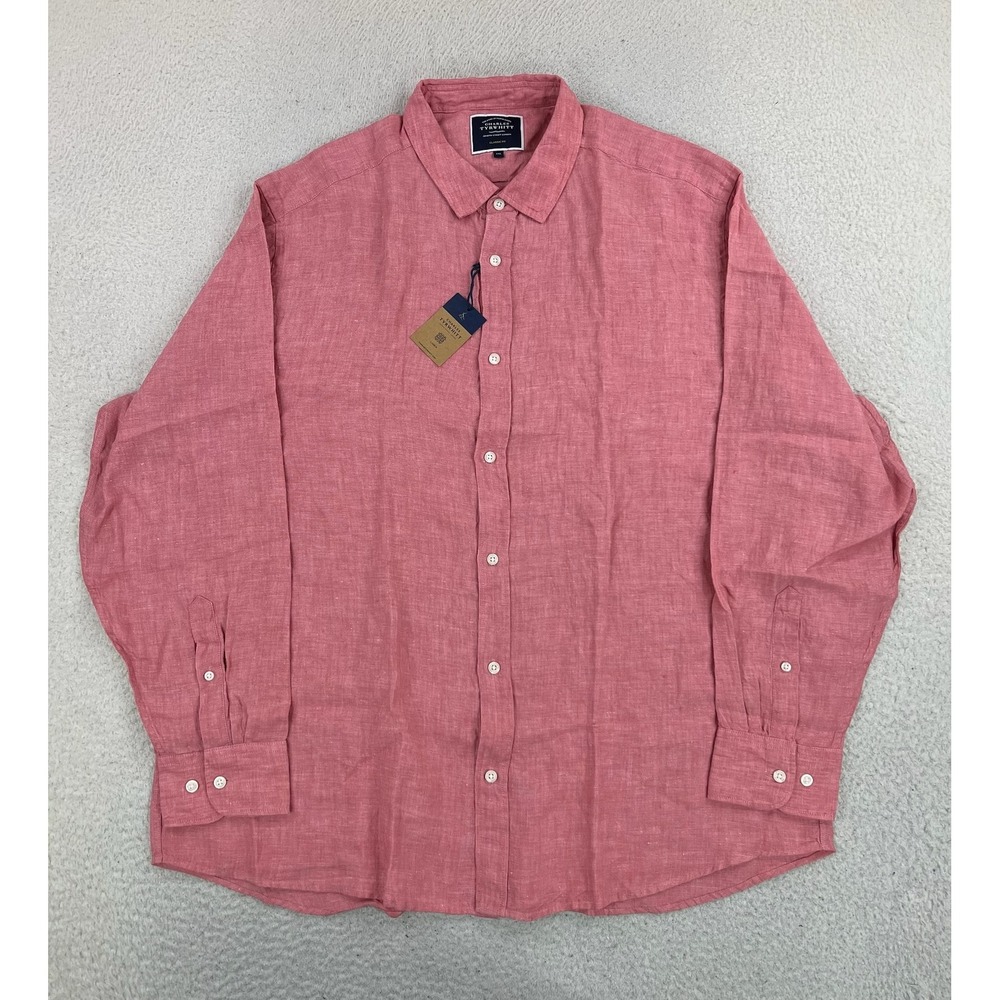 Charles Tyrwhitt Shirt Mens 2XL Pink Linen Long Sleeve Button Up Classic Fit NEW